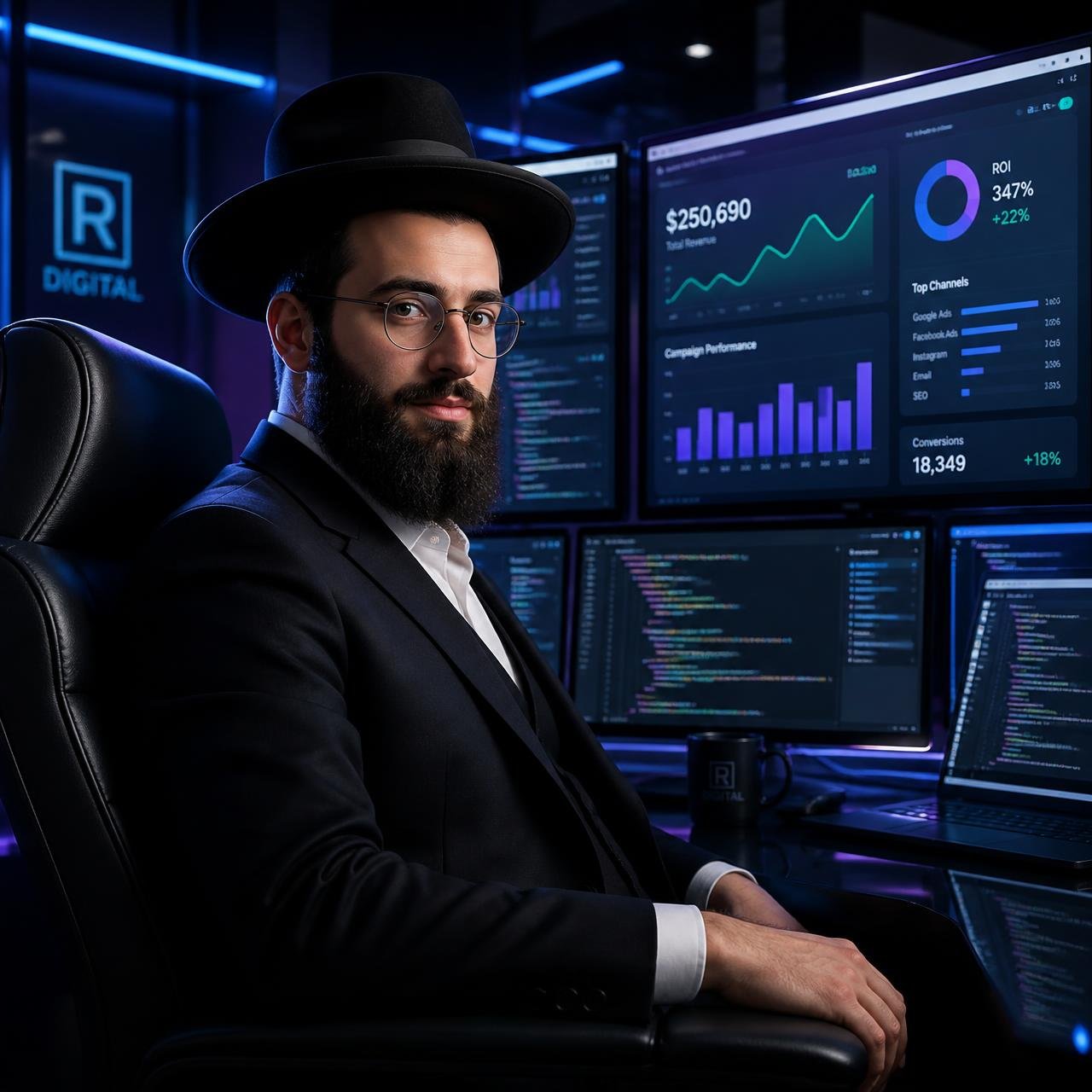 מומחה שיווק דיגיטלי חרדי יושב בעמדת עבודה עתידנית עם מסכי אנליטיקה
